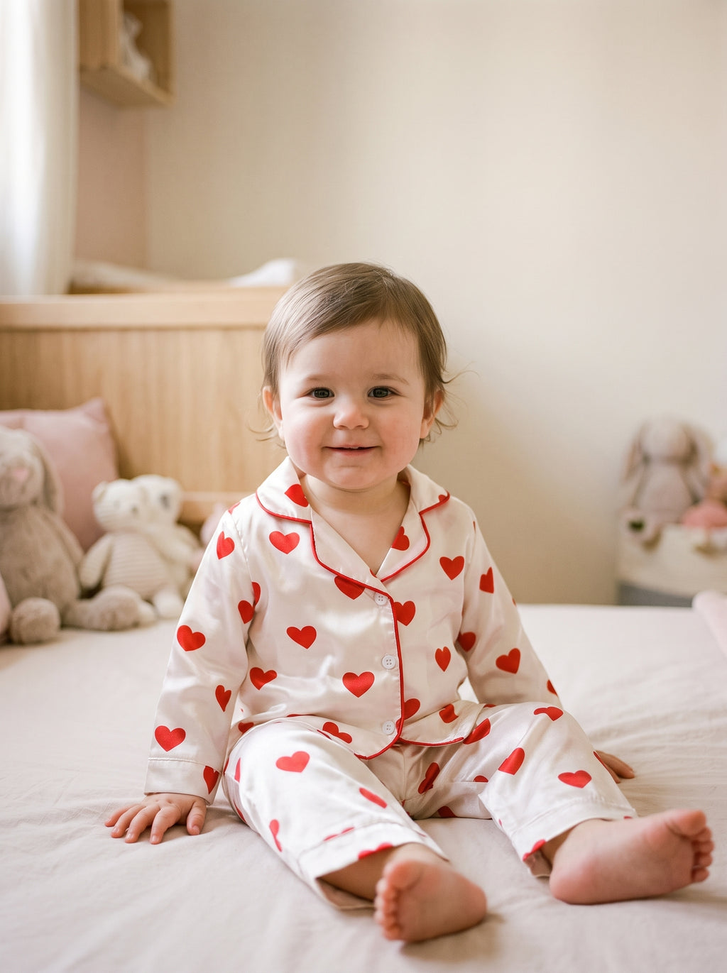 Bebe portant le pyjama satine blanc a coeurs rouges, assis sur son lit