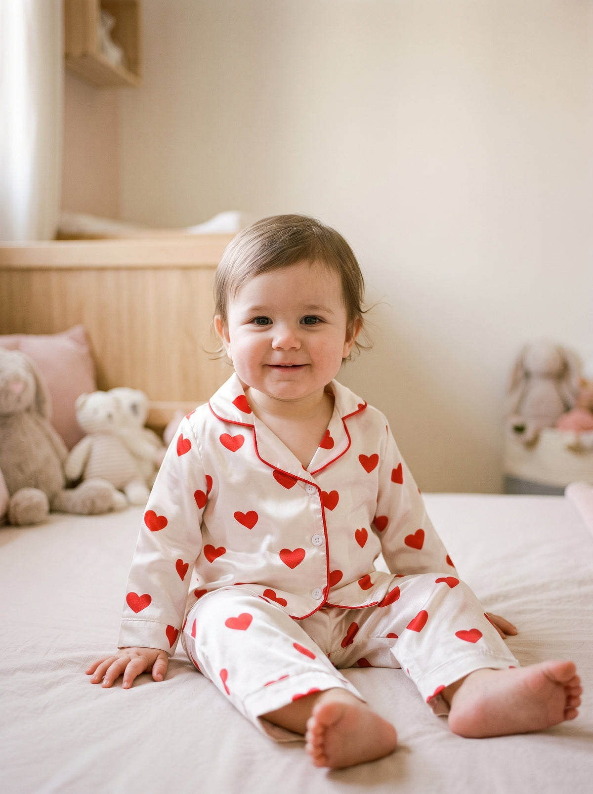 Bebe portant le pyjama satine blanc a coeurs rouges, assis sur son lit
