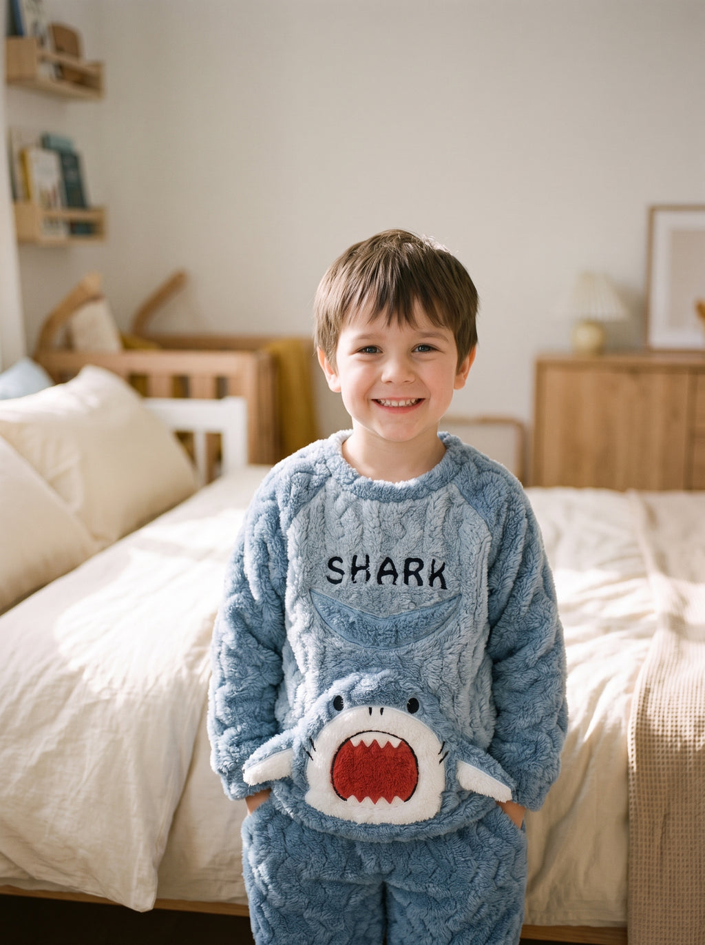 Pyjama garcon en flanelle epaisse, coloris requin bleu, porte par un enfant