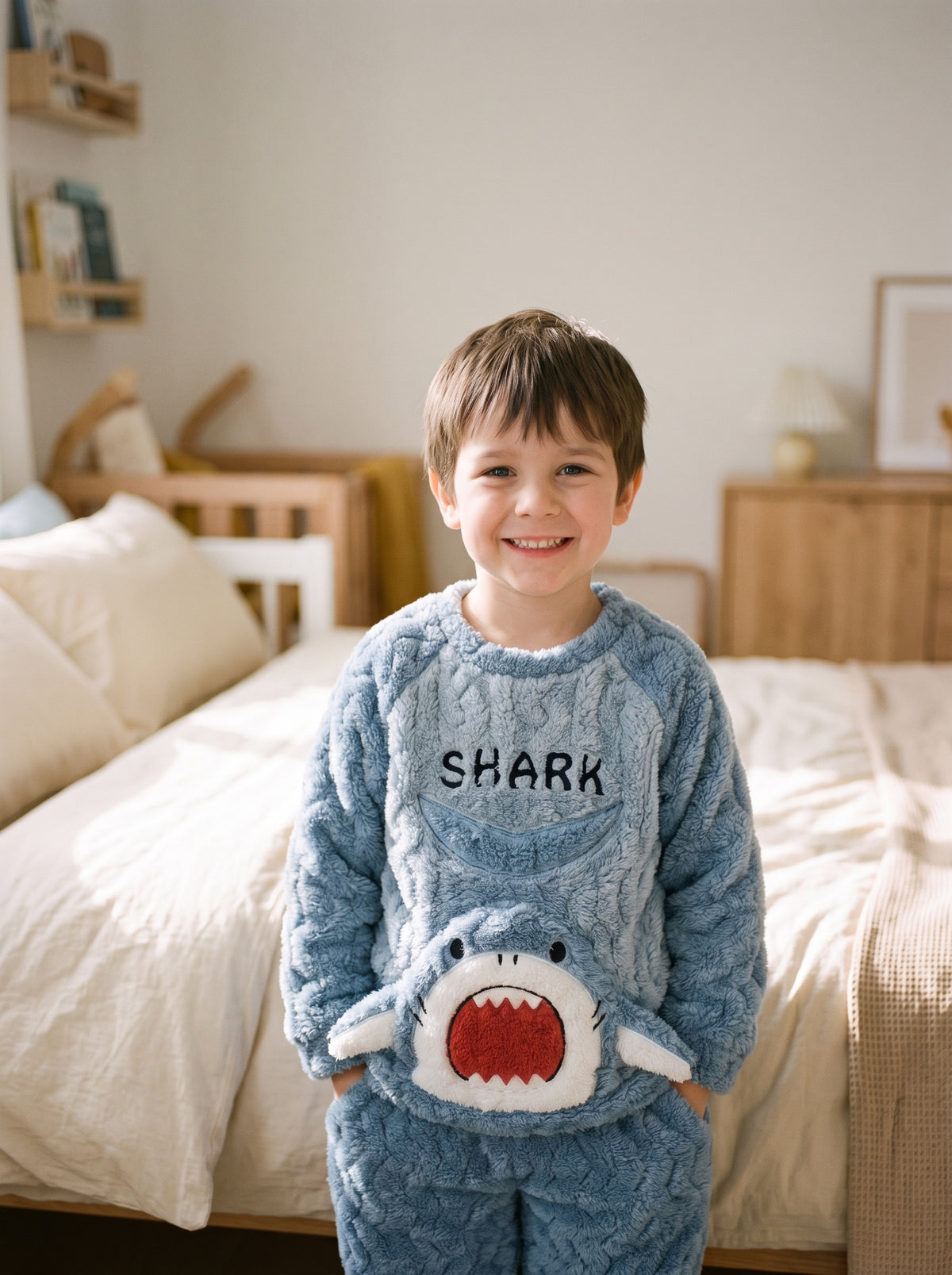 Pyjama garcon en flanelle epaisse, coloris requin bleu, porte par un enfant