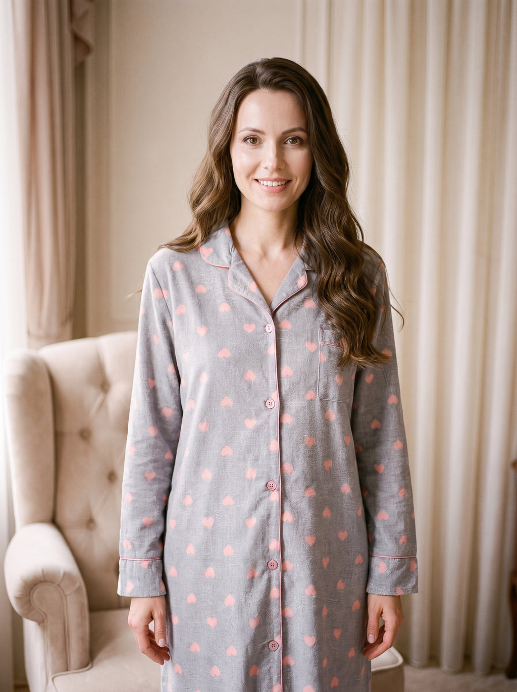 Femme souriante portant la chemise de nuit grise a coeurs roses, col tailleur et boutons roses