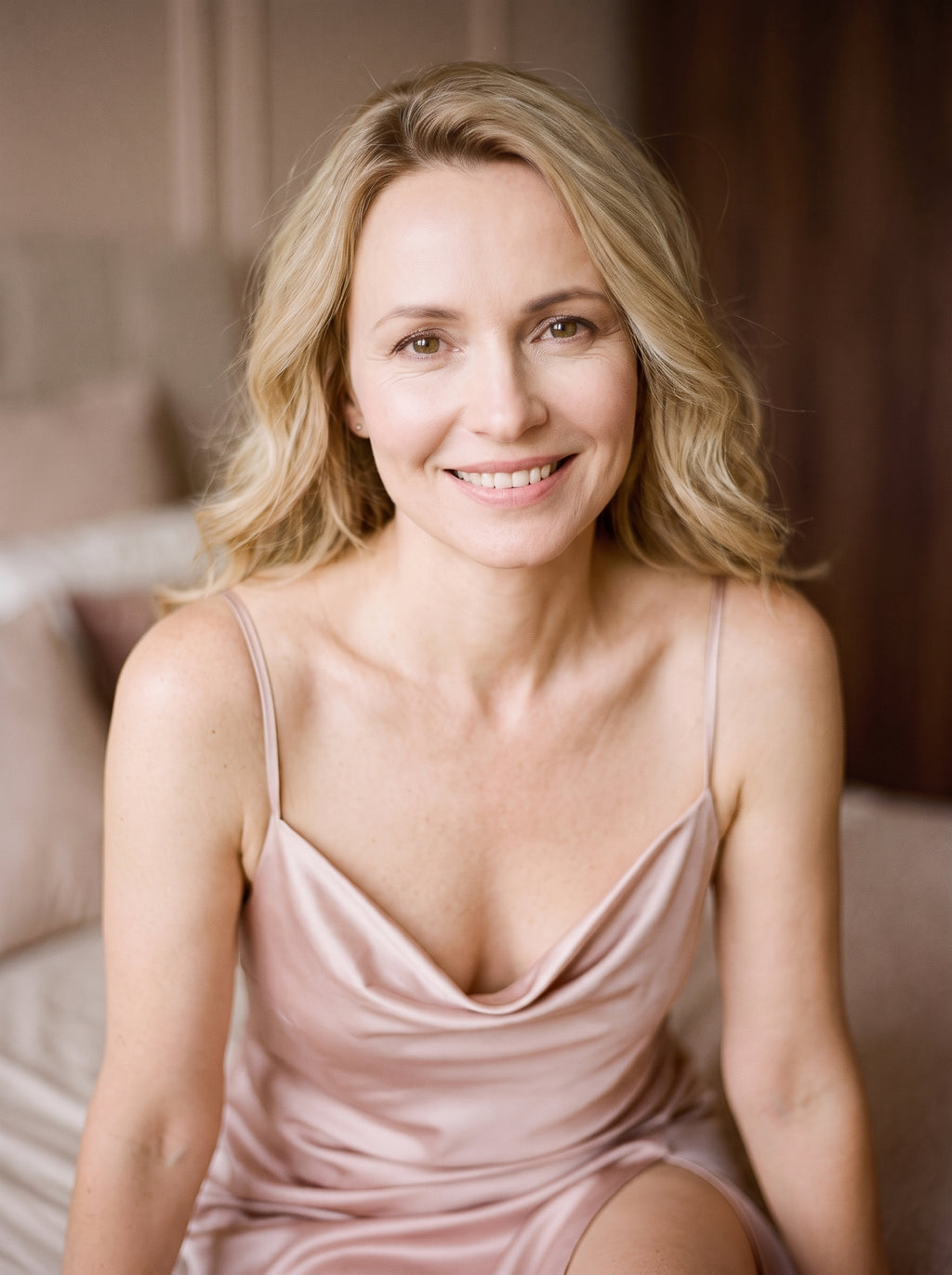 Modèle blonde souriante portant la nuisette en satin rose poudrée à décolleté drapé et fente sur le côté