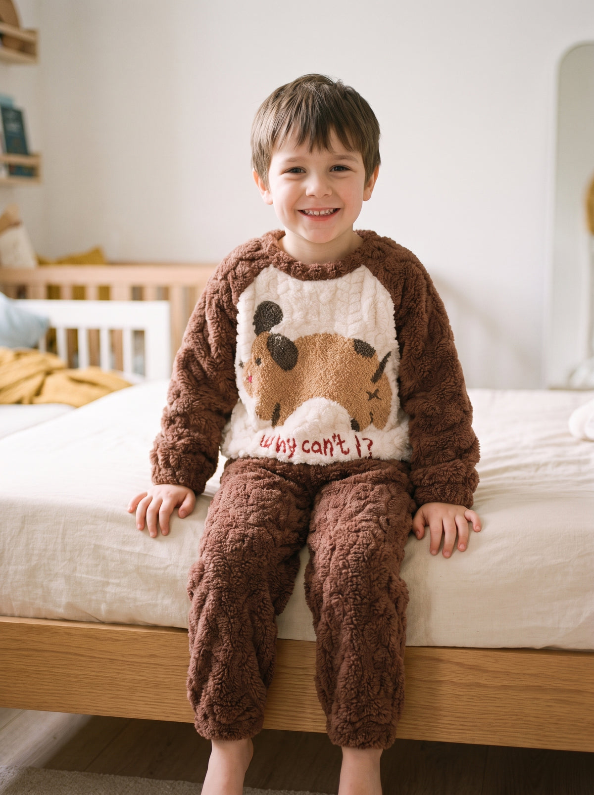 Pyjama garcon en flanelle epaisse, coloris capybara brun, porte par un enfant