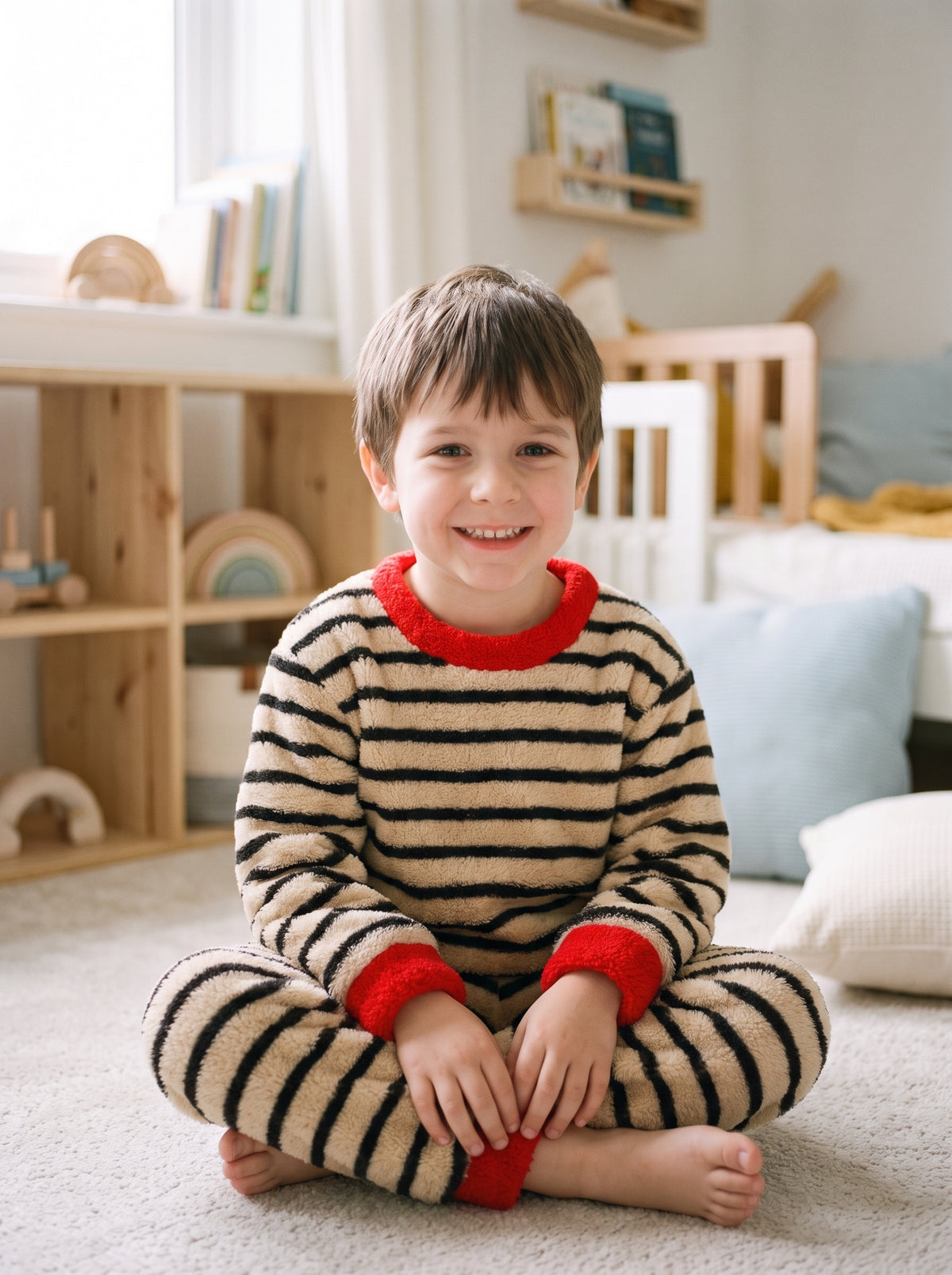 Pyjama garcon en flanelle epaisse, coloris rayures beige, porte par un enfant