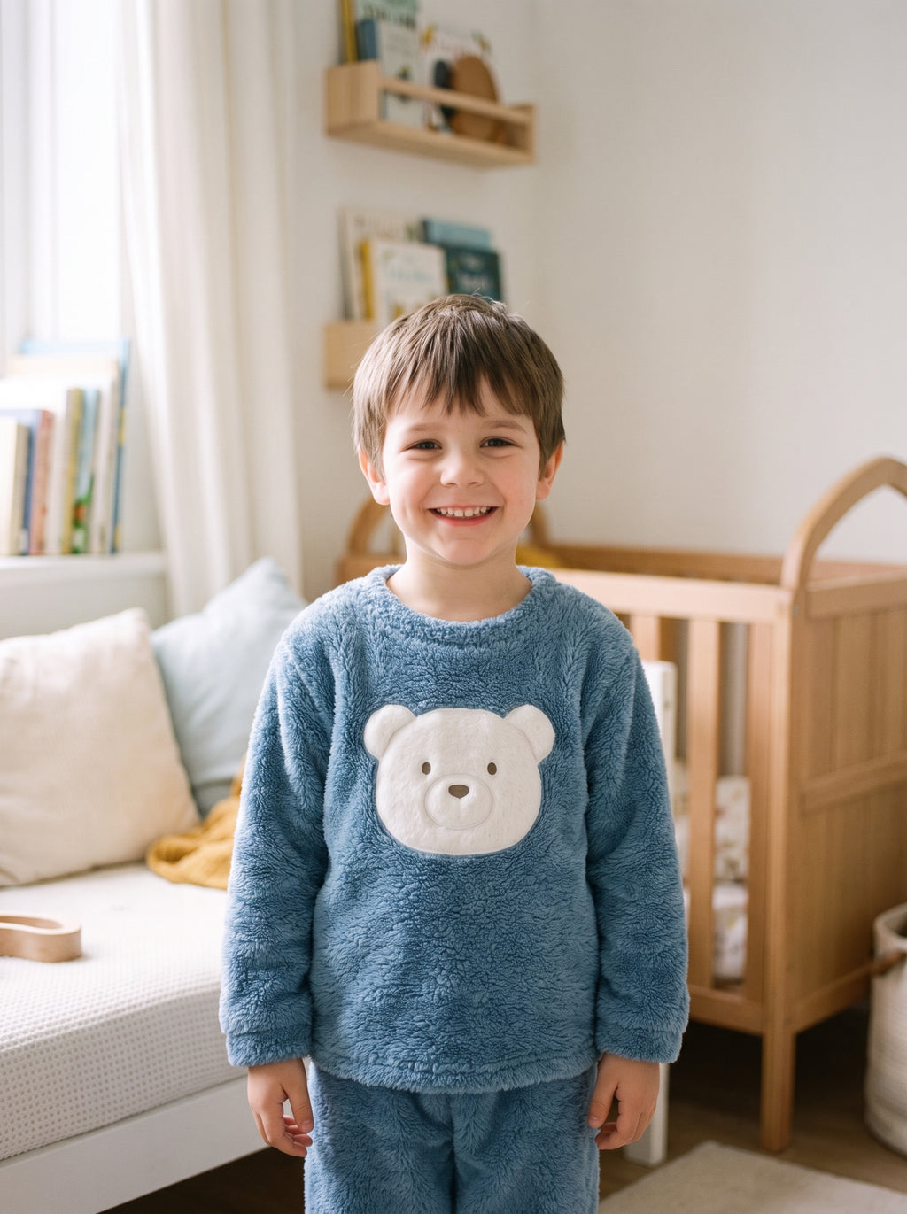 Pyjama garcon en flanelle epaisse, coloris ours bleu, porte par un enfant
