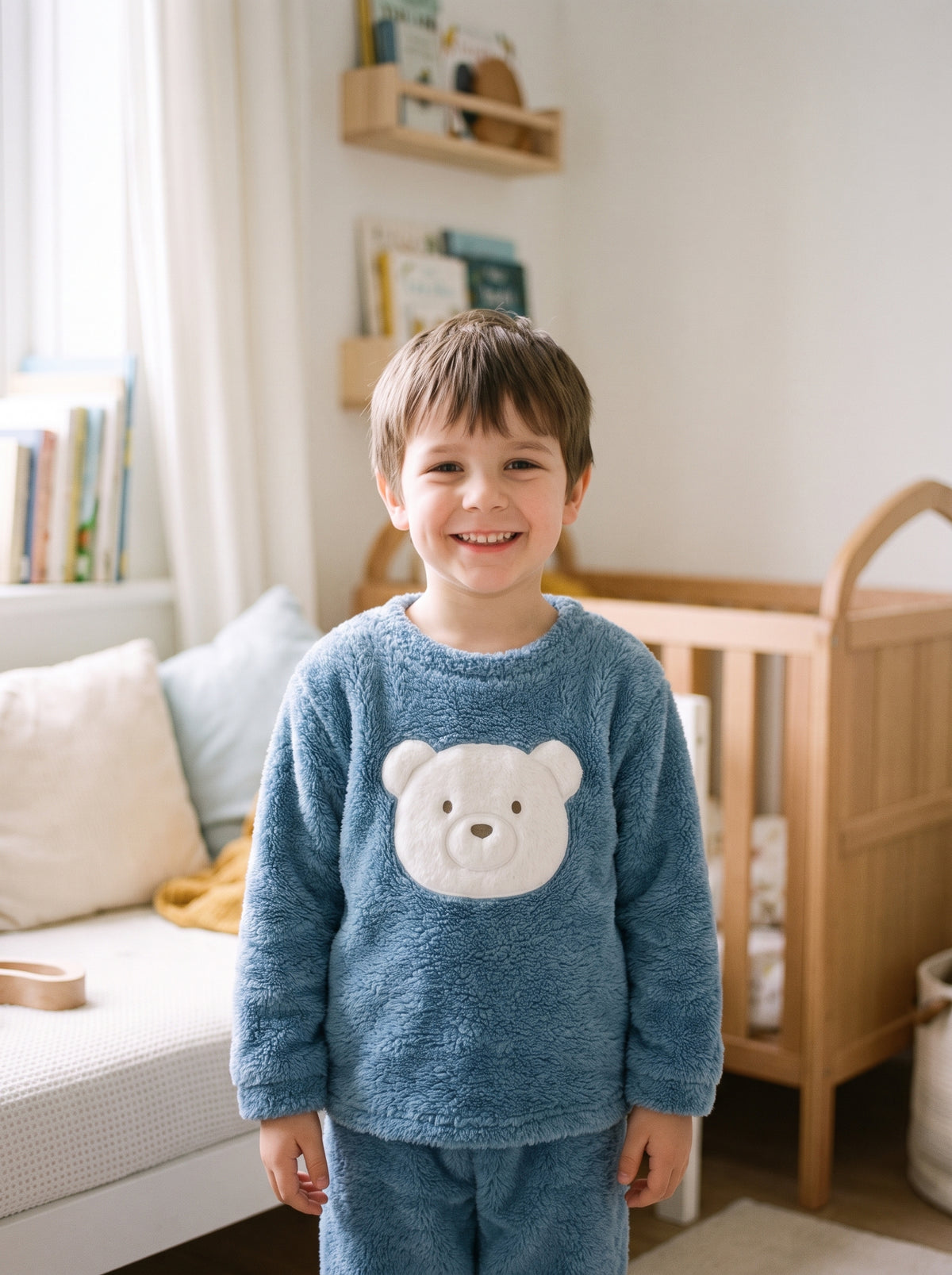 Pyjama garcon en flanelle epaisse, coloris ours bleu, porte par un enfant