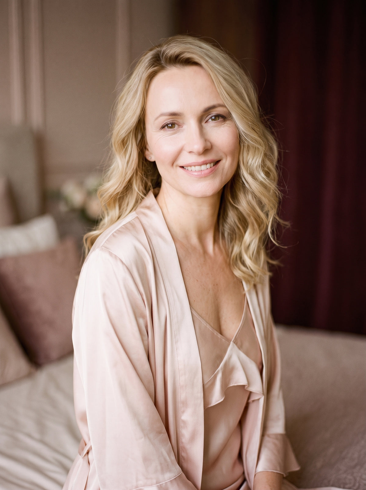 Femme souriante portant l'ensemble nuisette et kimono rose en satin de soie