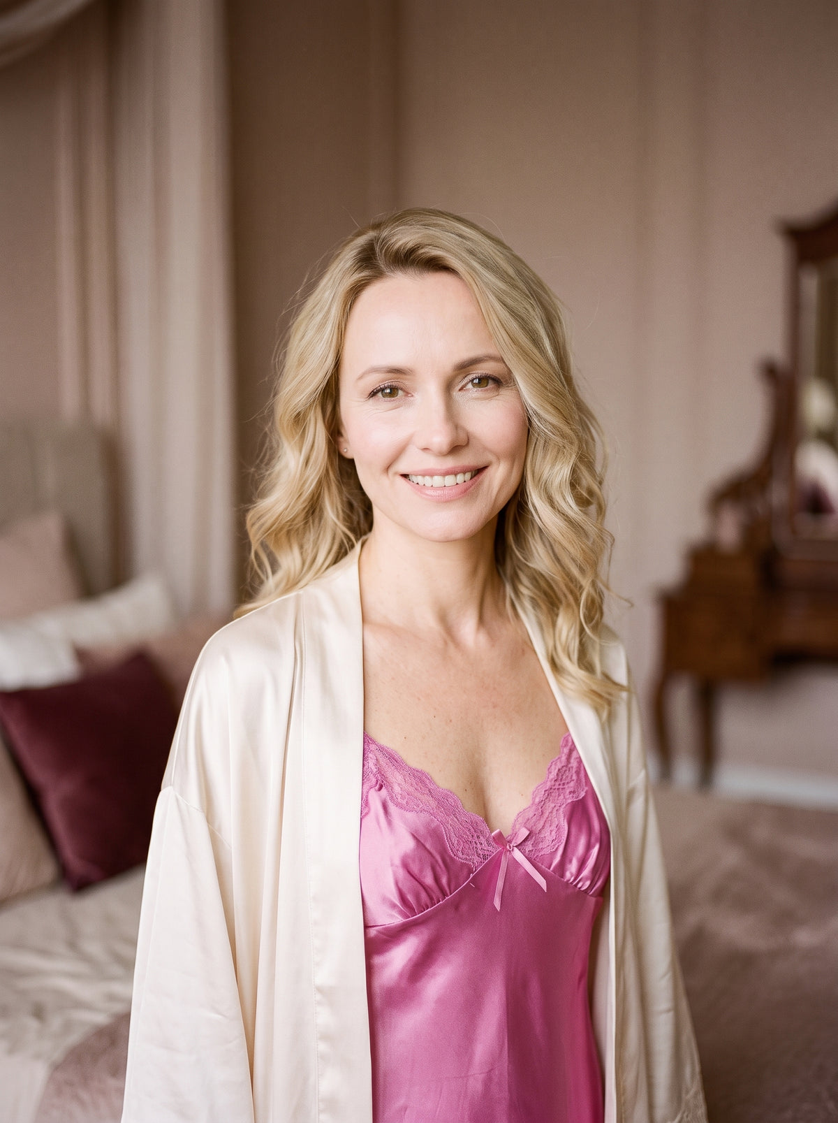Femme souriante portant la nuisette en satin rose à dentelle sous un peignoir crème entrouvert
