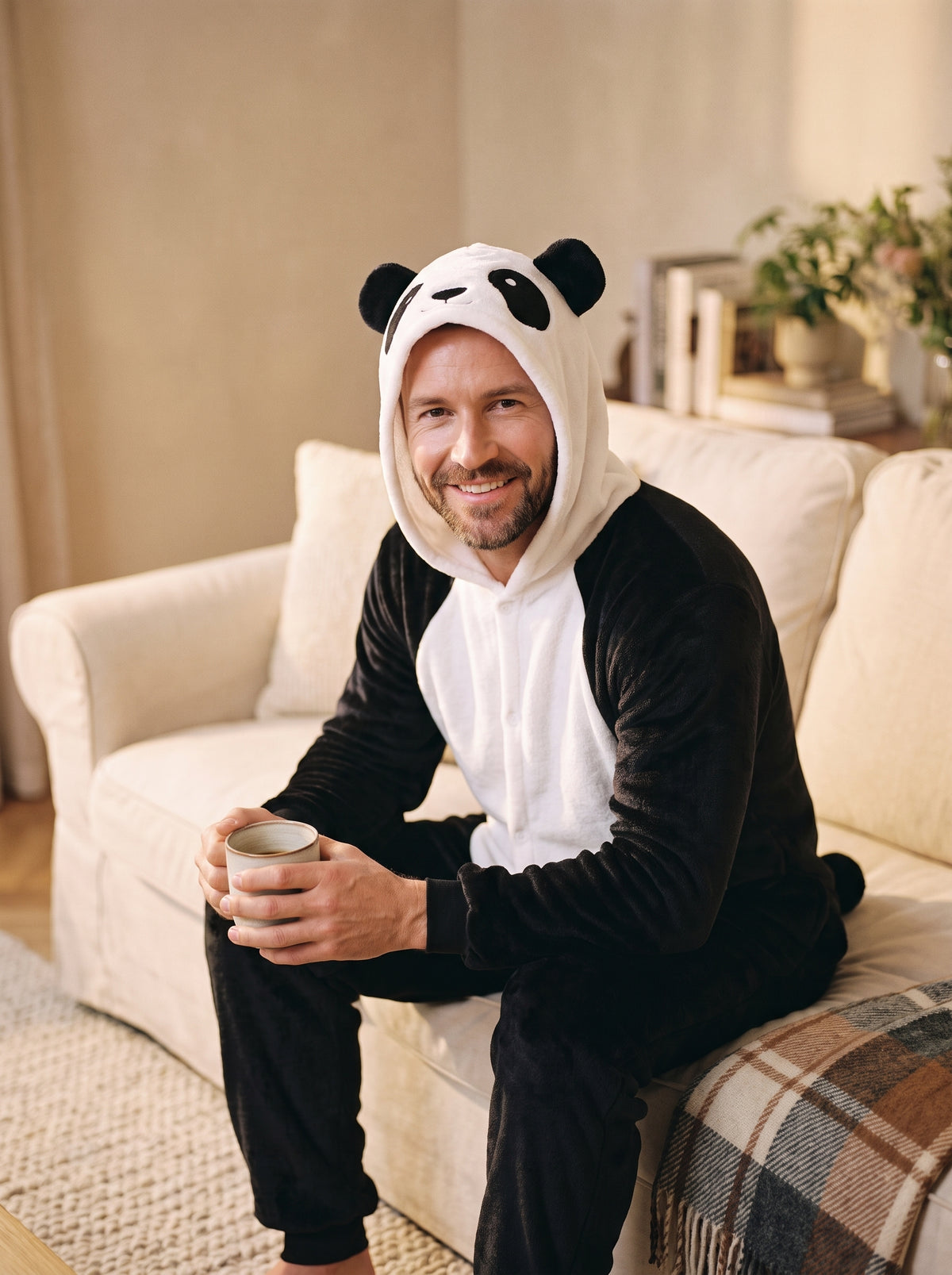 Homme portant la combinaison pyjama panda a capuche, assis sur le canape