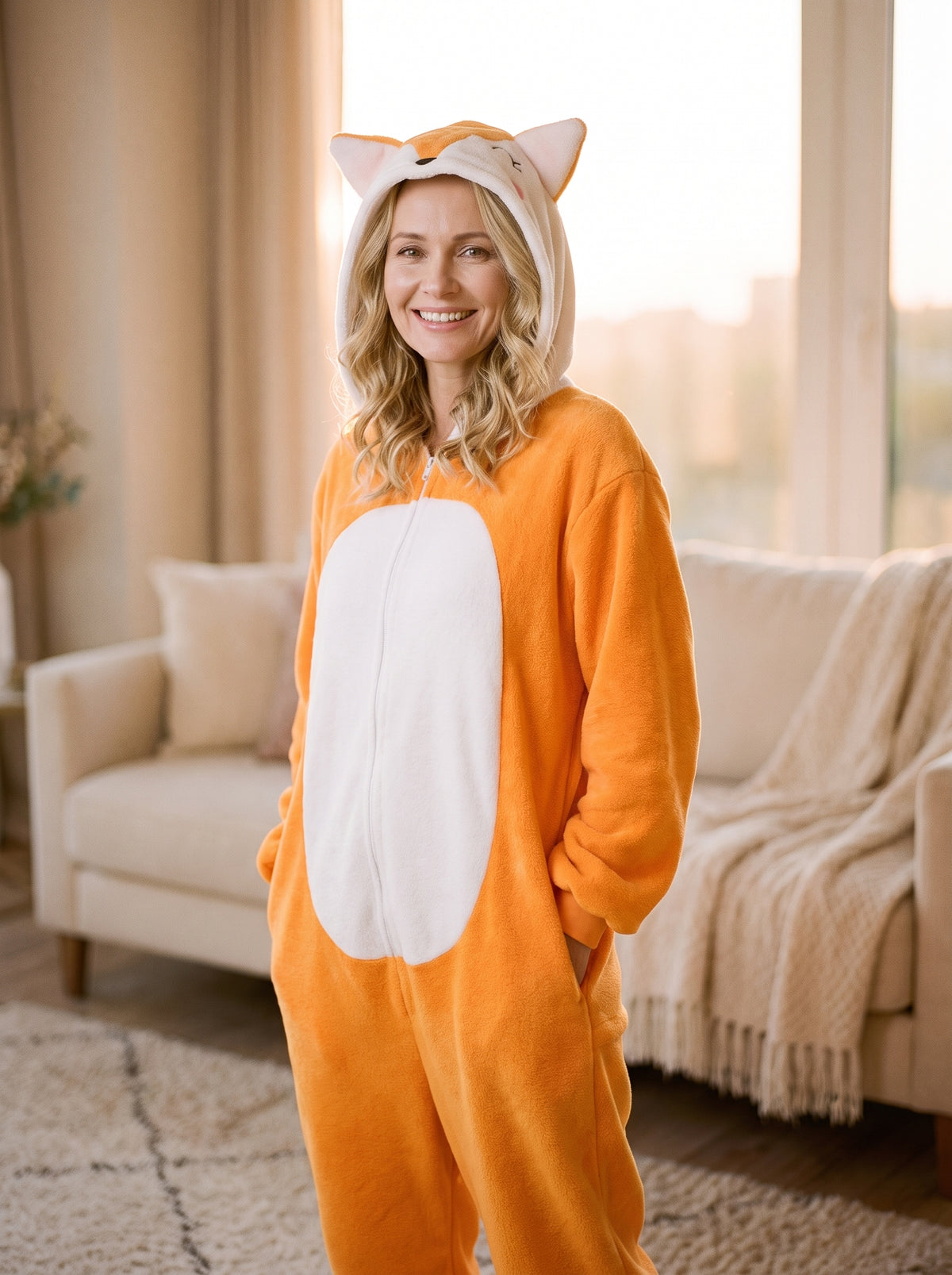 Femme portant la combinaison pyjama renard orange a capuche