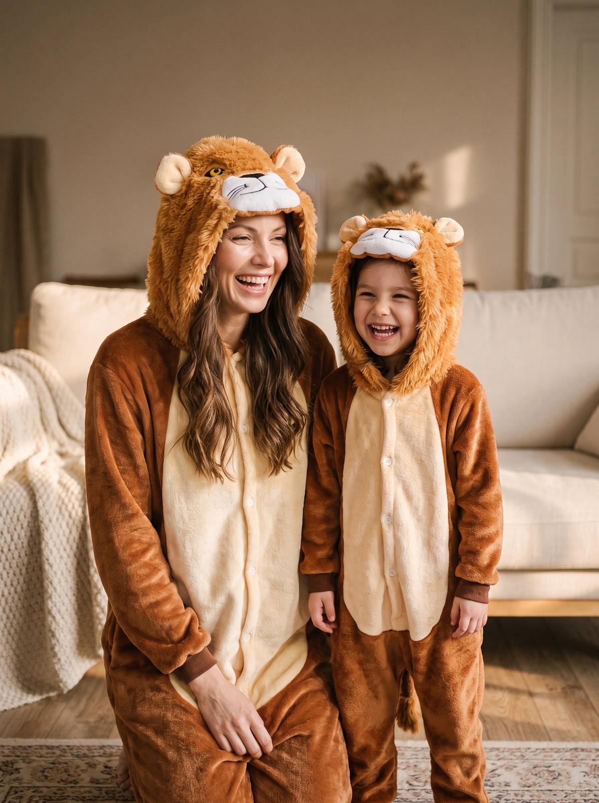 Une mere et sa fille en combinaison pyjama lion brun a capuche