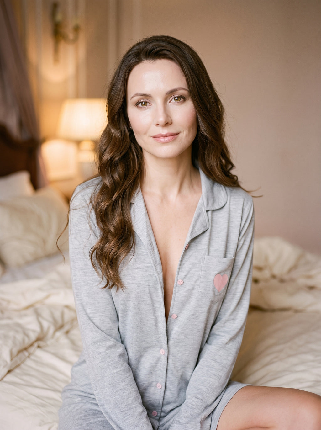 Femme souriante portant la chemise de nuit femme grise boutonnée dans un boudoir