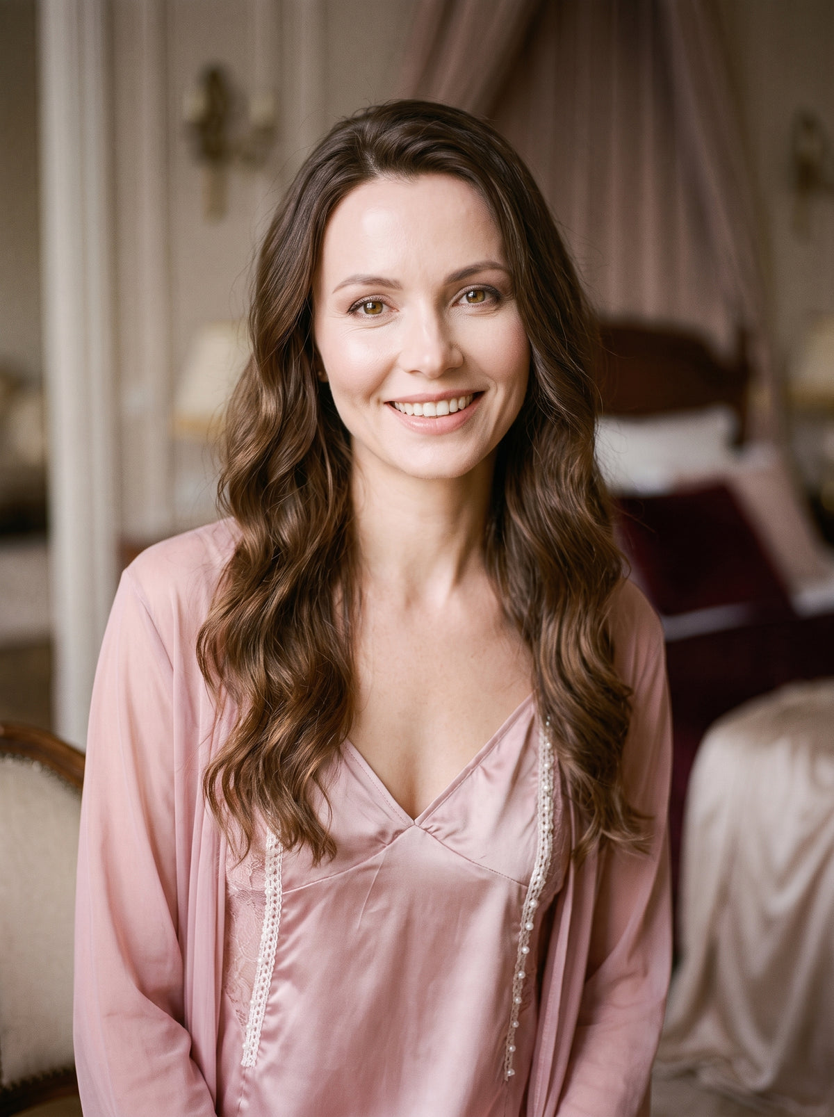 Ensemble nuisette et kimono rose en dentelle porté, modèle souriante dans un boudoir