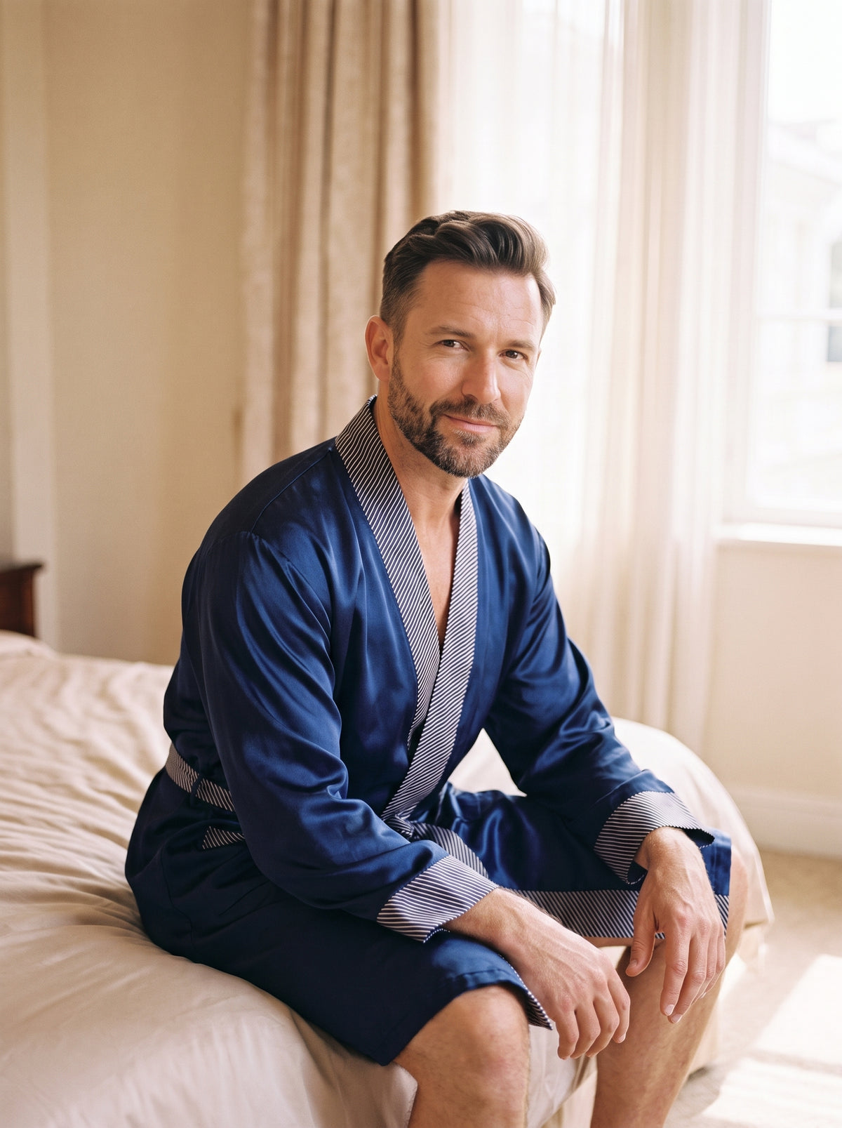 Homme assis au bord du lit en robe de chambre de soie bleu marine, la lumière du matin par la fenêtre