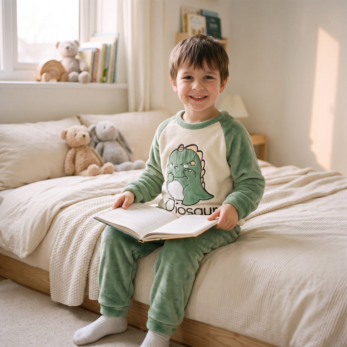 Garçon du casting portant le pyjama vert sauge à dinosaure, assis avec un livre