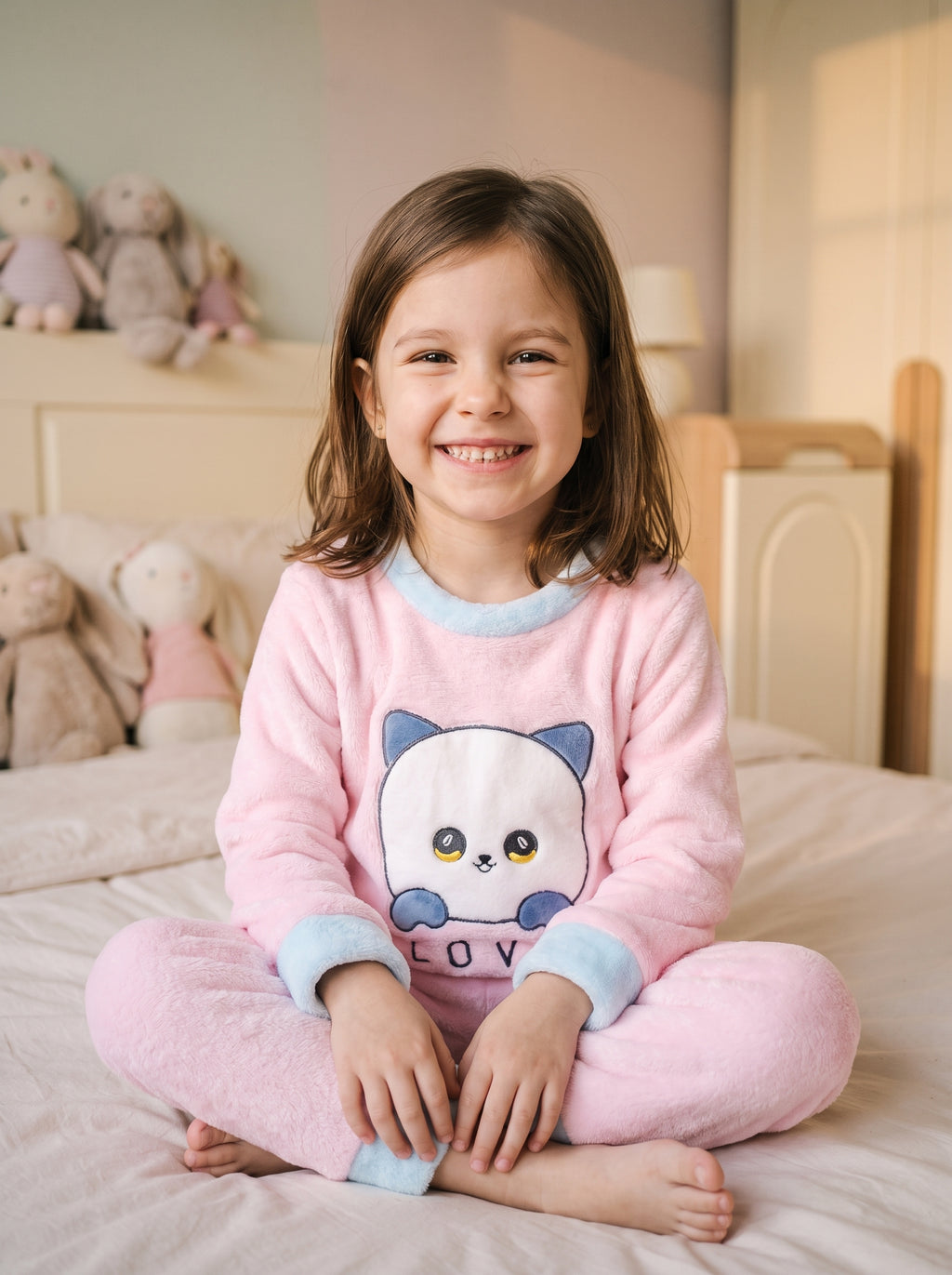 Petite fille portant le pyjama en flanelle rose a grand panda cousu