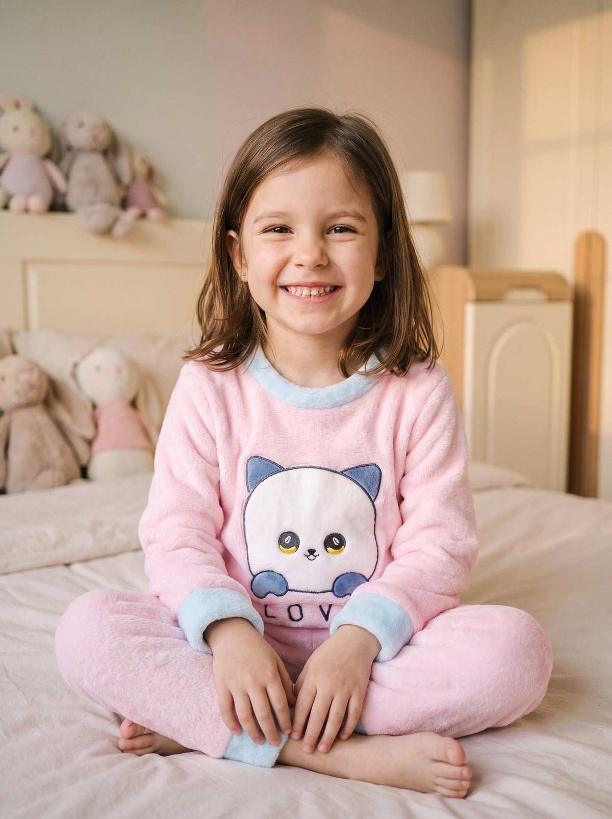 Petite fille portant le pyjama en flanelle rose a grand panda cousu