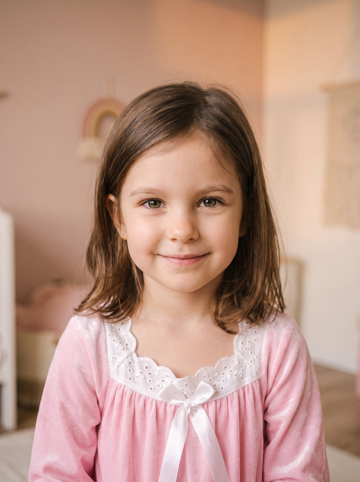 Petite fille souriante portant une chemise de nuit rose poudré en coton avec dentelle blanche et ruban noué