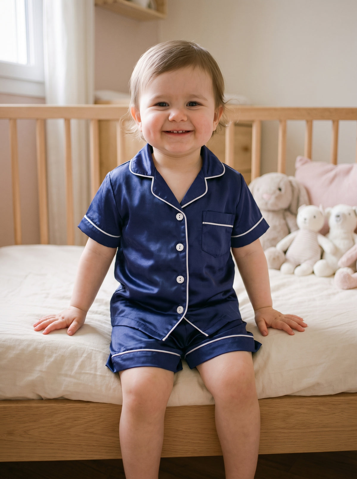 Petite fille souriante assise au bord de son lit, en pyjama deux pièces bleu marine à liseré blanc, chemise à manches courtes boutonnée et short