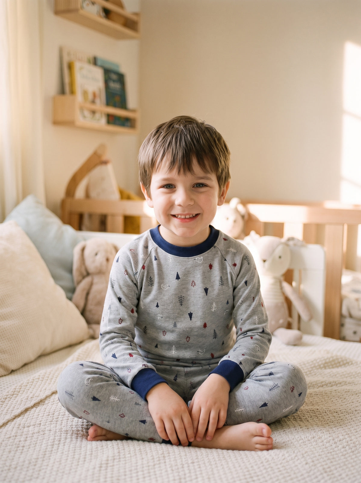 Enfant portant le pyjama garcon en coton a motif foret gris