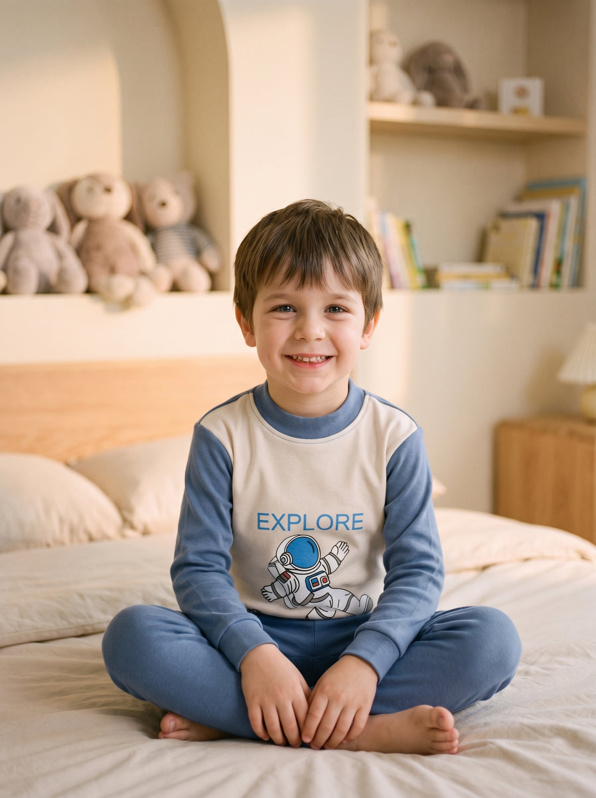 Enfant portant le pyjama garcon en coton a motif astronaute, plastron ecru