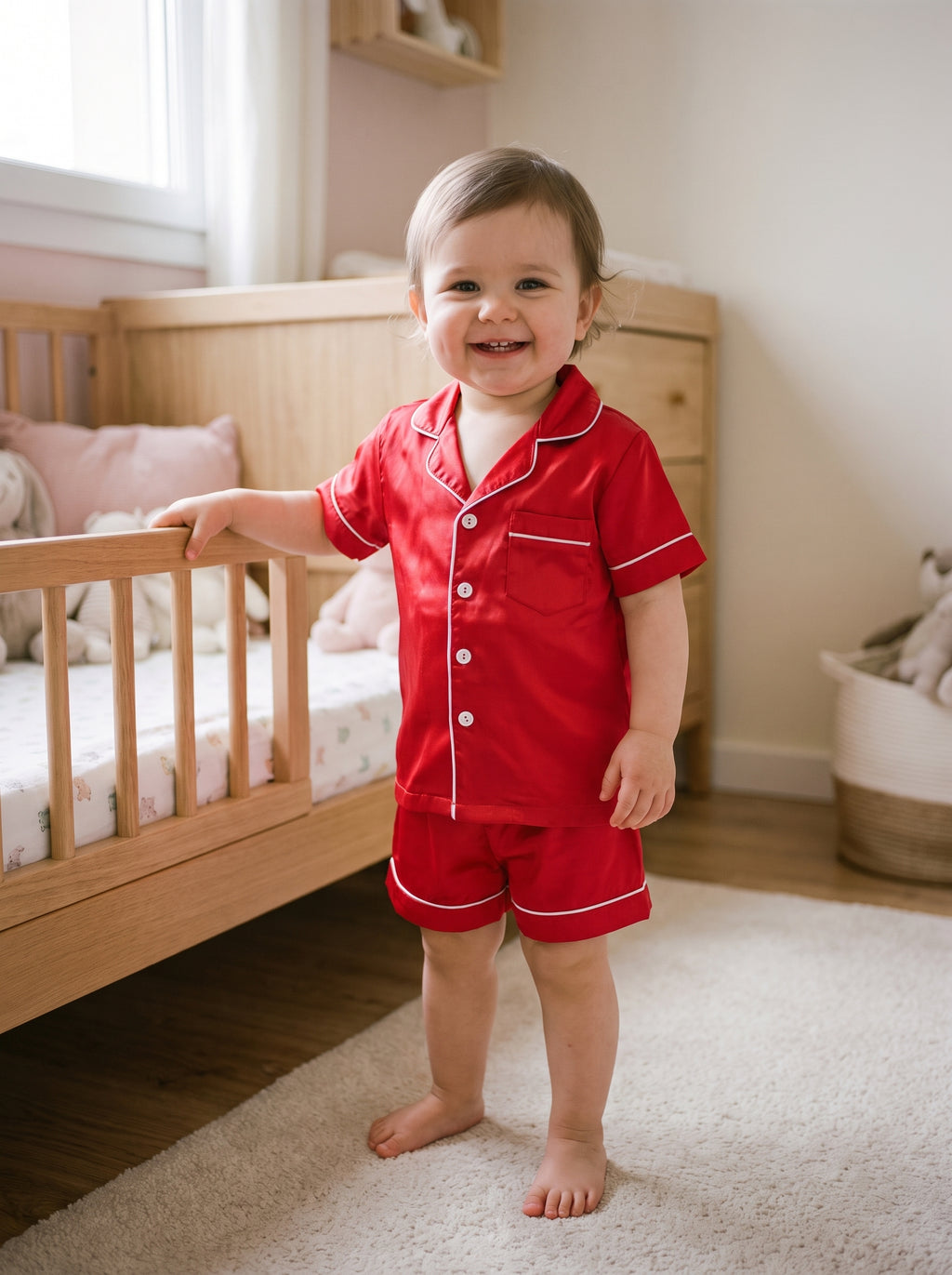 Petite fille souriante debout dans sa chambre, en pyjama deux pièces rouge à liseré blanc, chemise à manches courtes boutonnée et short