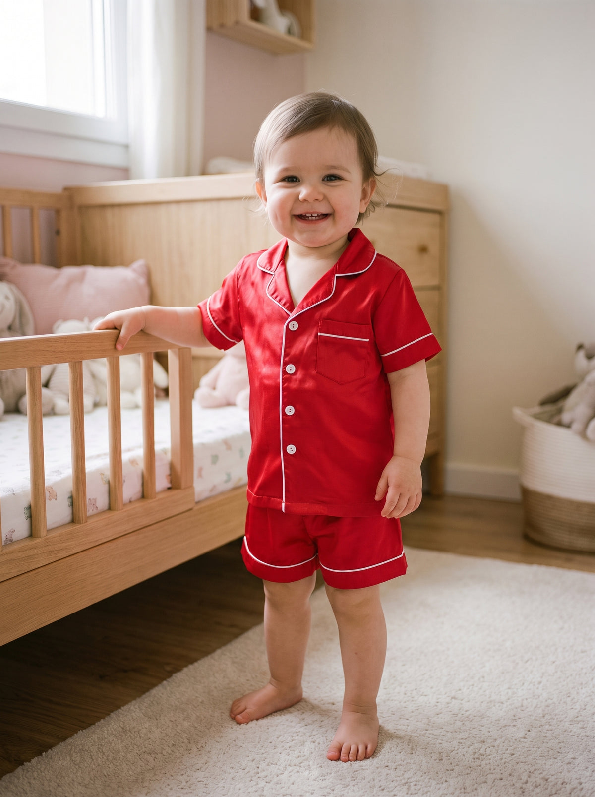 Petite fille souriante debout dans sa chambre, en pyjama deux pièces rouge à liseré blanc, chemise à manches courtes boutonnée et short