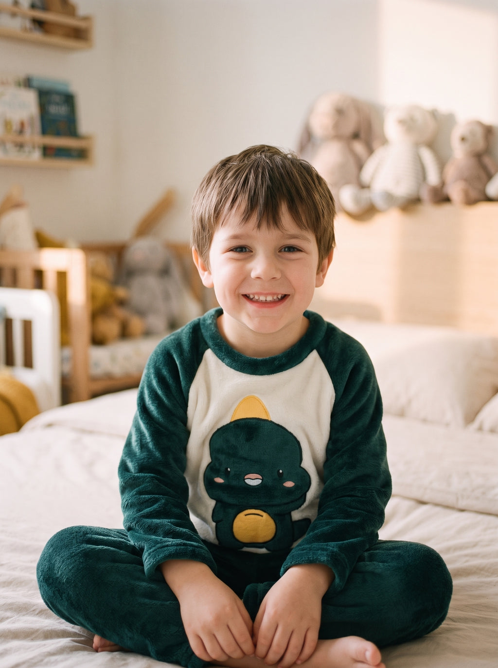 Pyjama garcon en flanelle vert sapin a motif dinosaure, porte par un enfant assis sur son lit