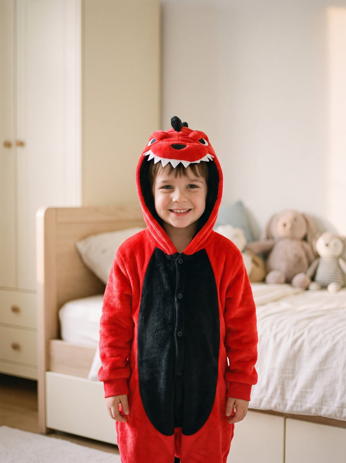 Enfant portant la combinaison pyjama dragon rouge à capuche