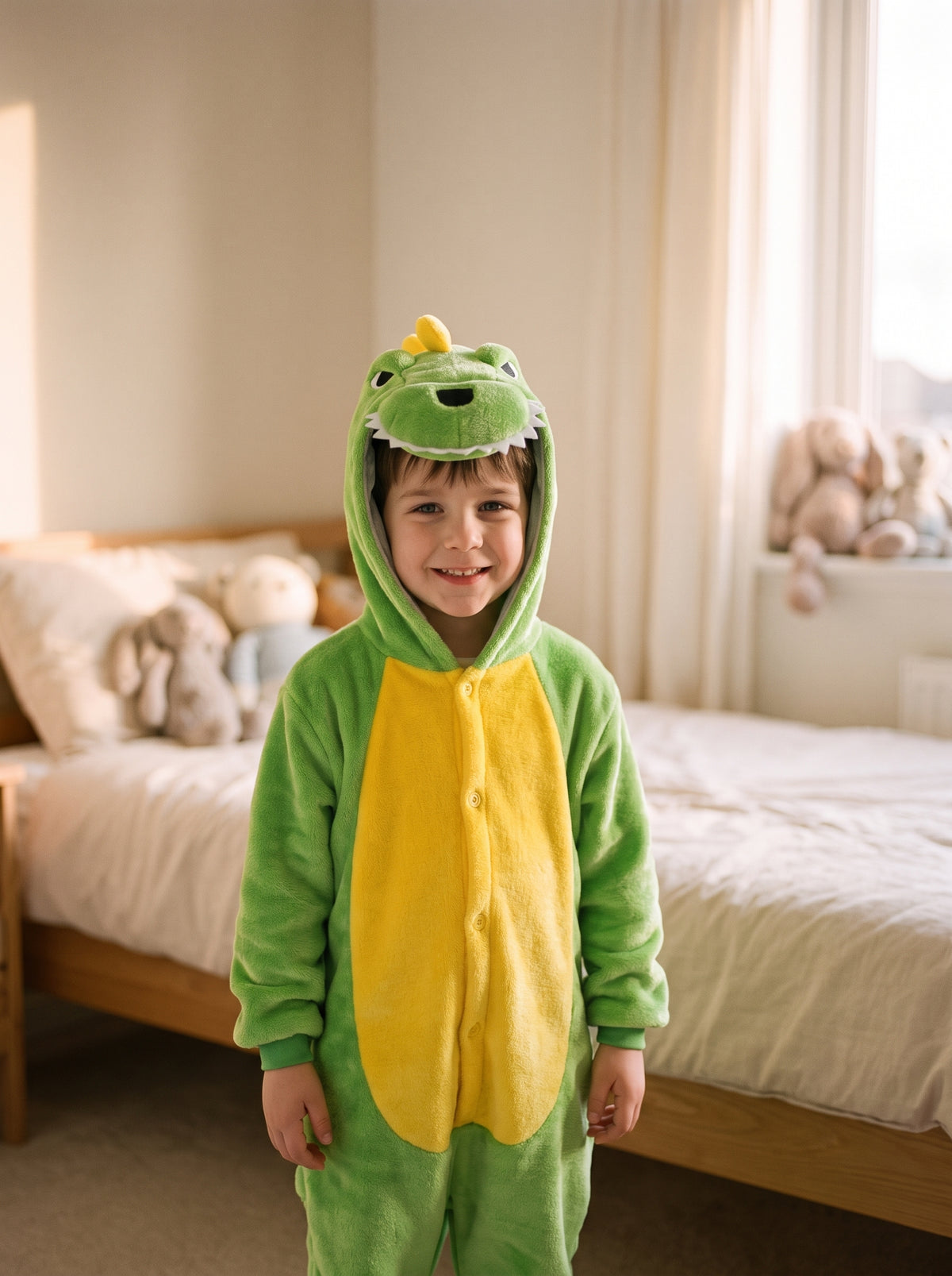 Enfant portant la combinaison pyjama dinosaure vert à capuche