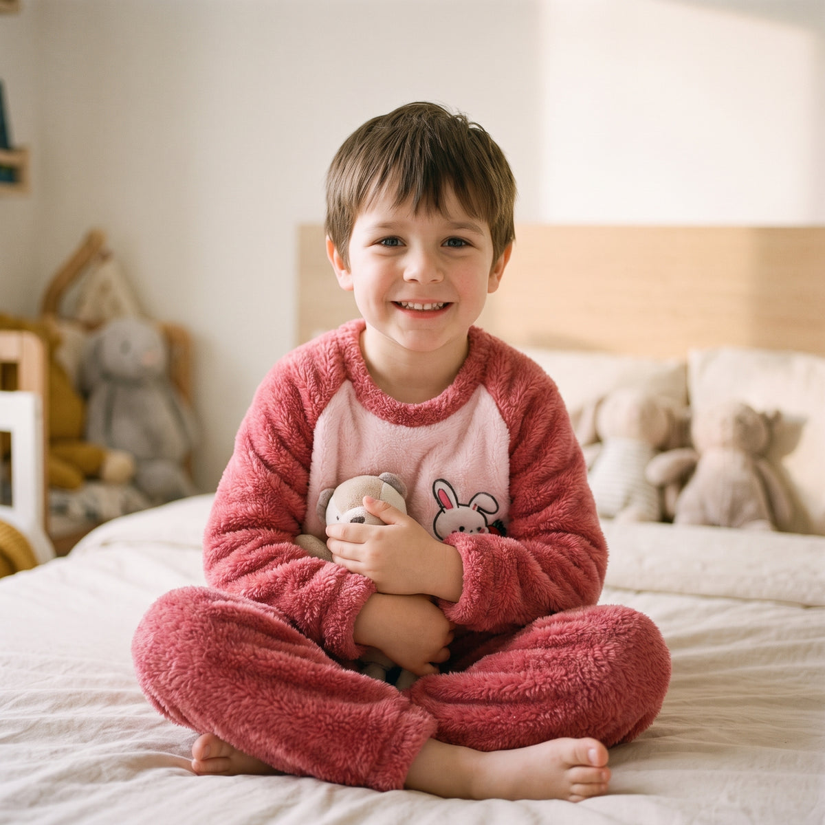 Garçon du casting portant le pyjama rose à lapin, assis avec une peluche