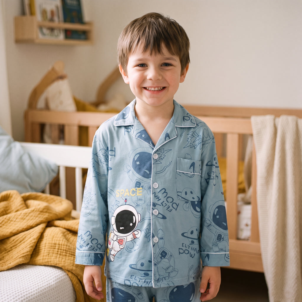 Garçon souriant en pyjama astronaute bleu ardoise avec poche poitrine