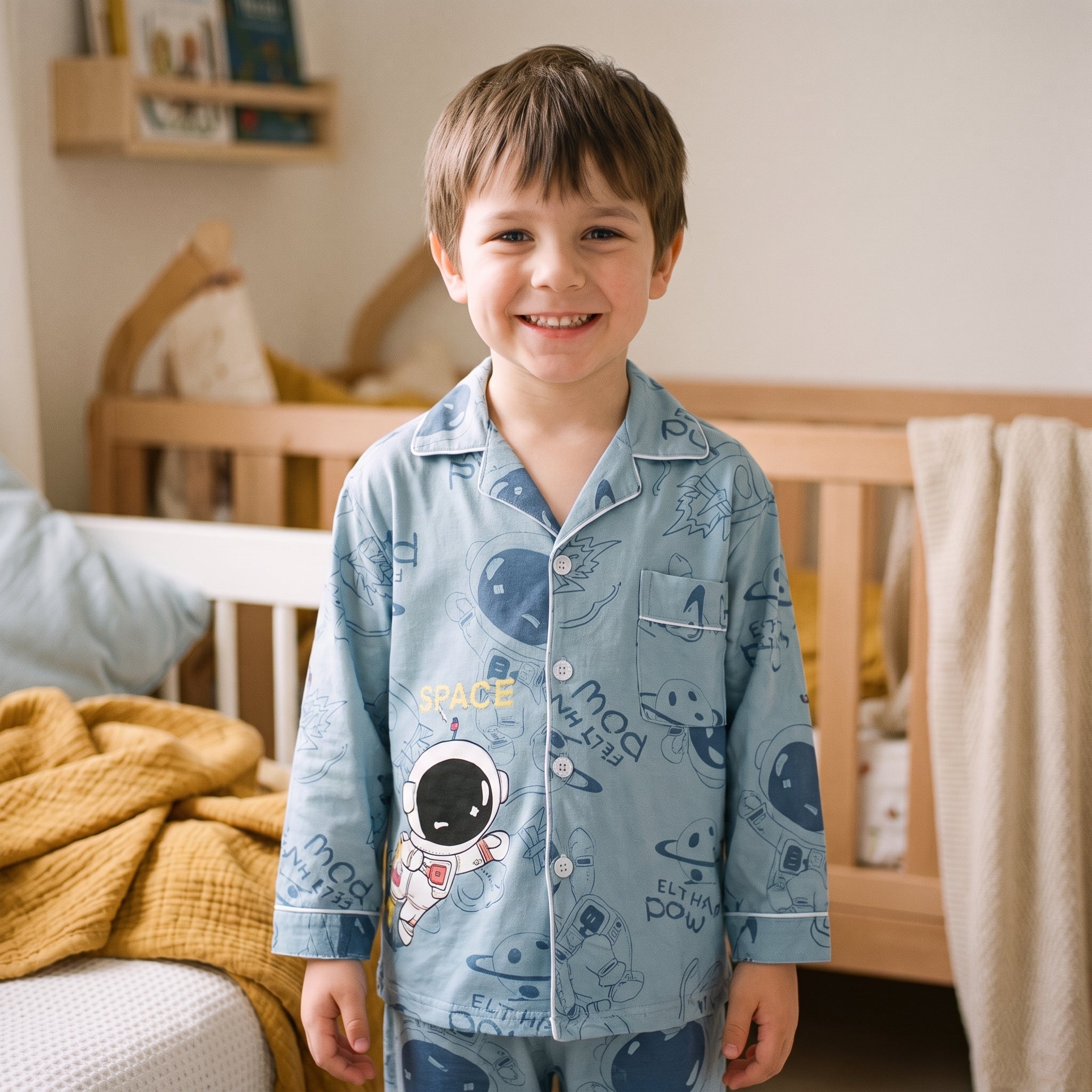Garçon souriant en pyjama astronaute bleu ardoise avec poche poitrine Image