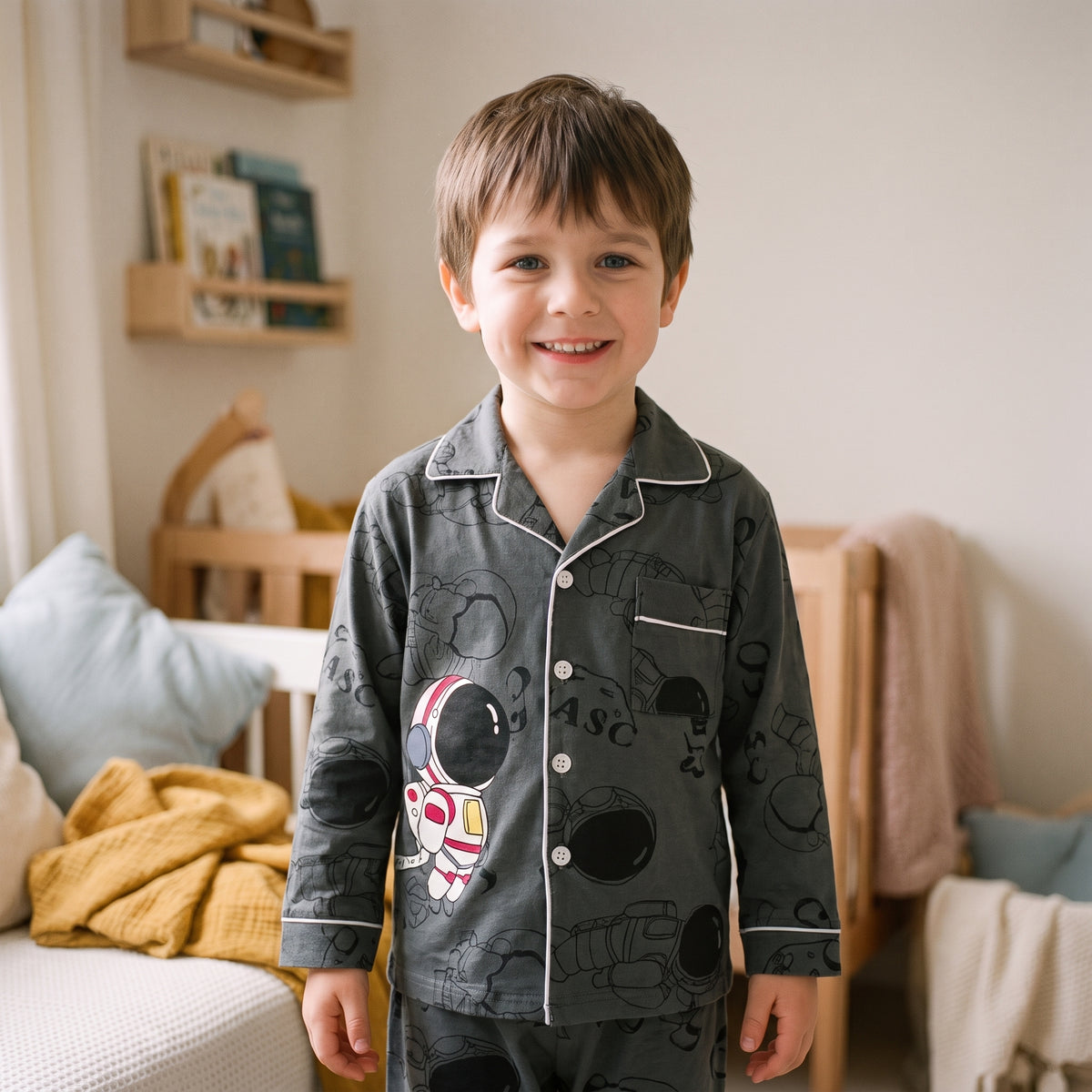 Garçon souriant en pyjama astronaute anthracite à liseré clair