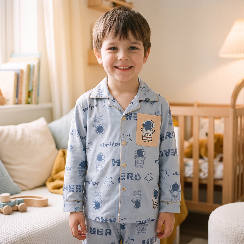 Garçon souriant en pyjama astronaute bleu ciel à poche beige