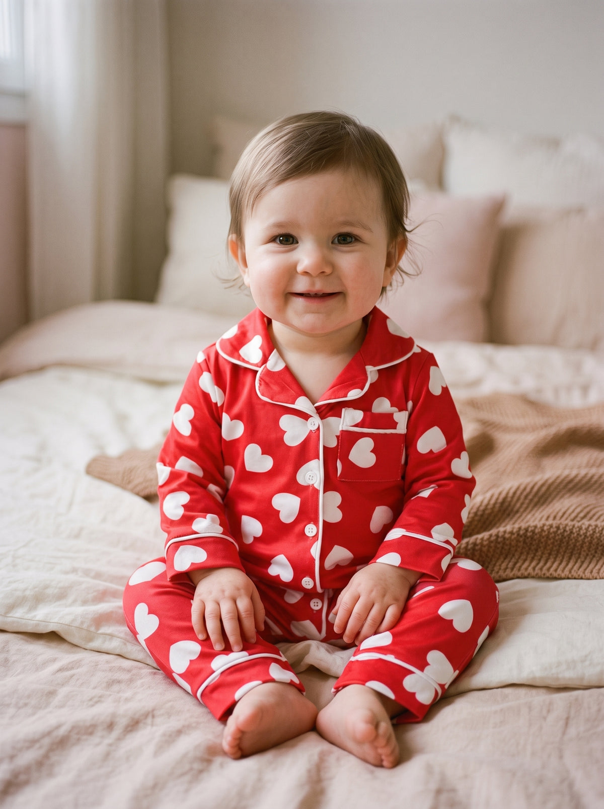 Bébé souriant assis sur un lit dans un pyjama rouge à cœurs blancs