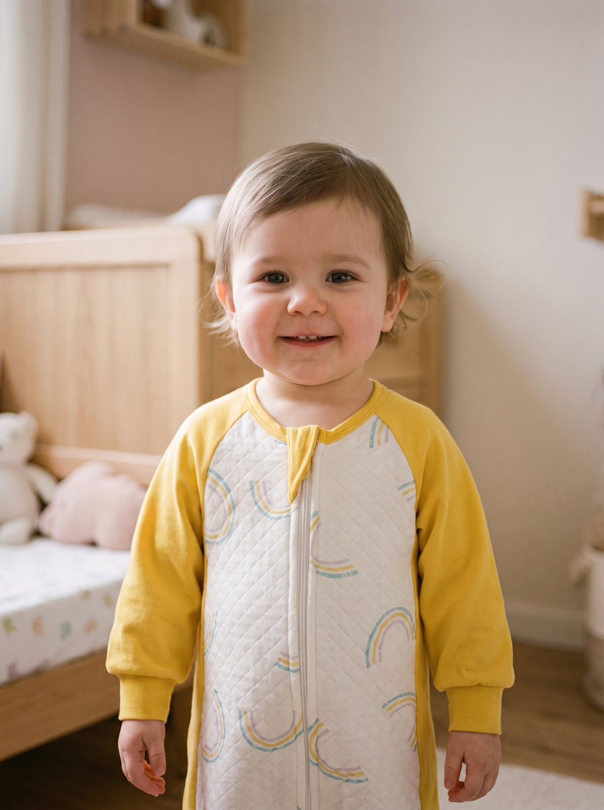 Bébé souriant cadré à mi-cuisse portant un pyjama une pièce à arcs-en-ciel dans sa chambre