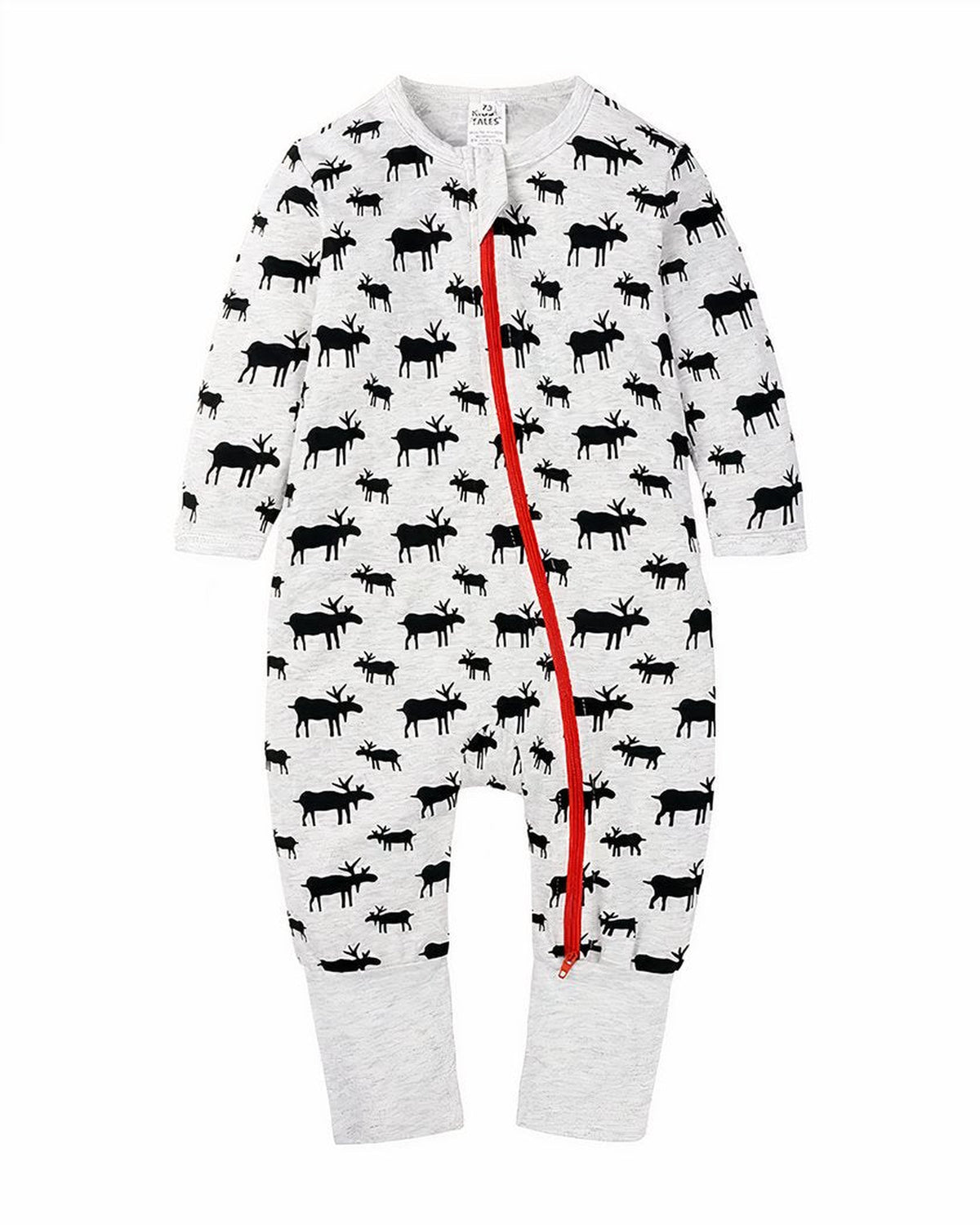 Pyjama bébé gris clair à rennes noirs et fermeture rouge posé à plat