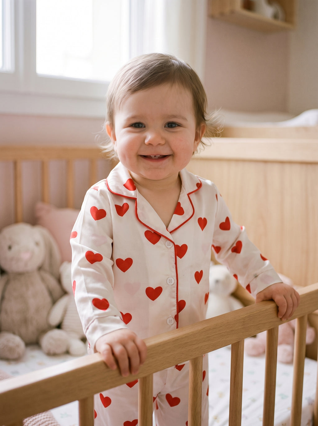 Bebe debout en pyjama satine a coeurs rouges, se tenant a son lit a barreaux