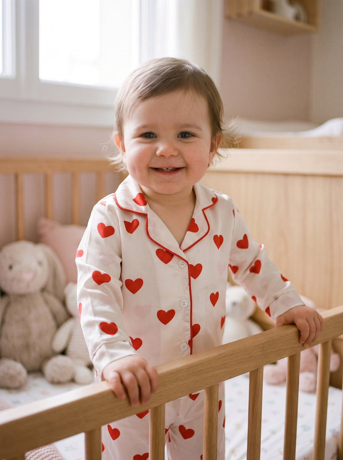 Bebe debout en pyjama satine a coeurs rouges, se tenant a son lit a barreaux