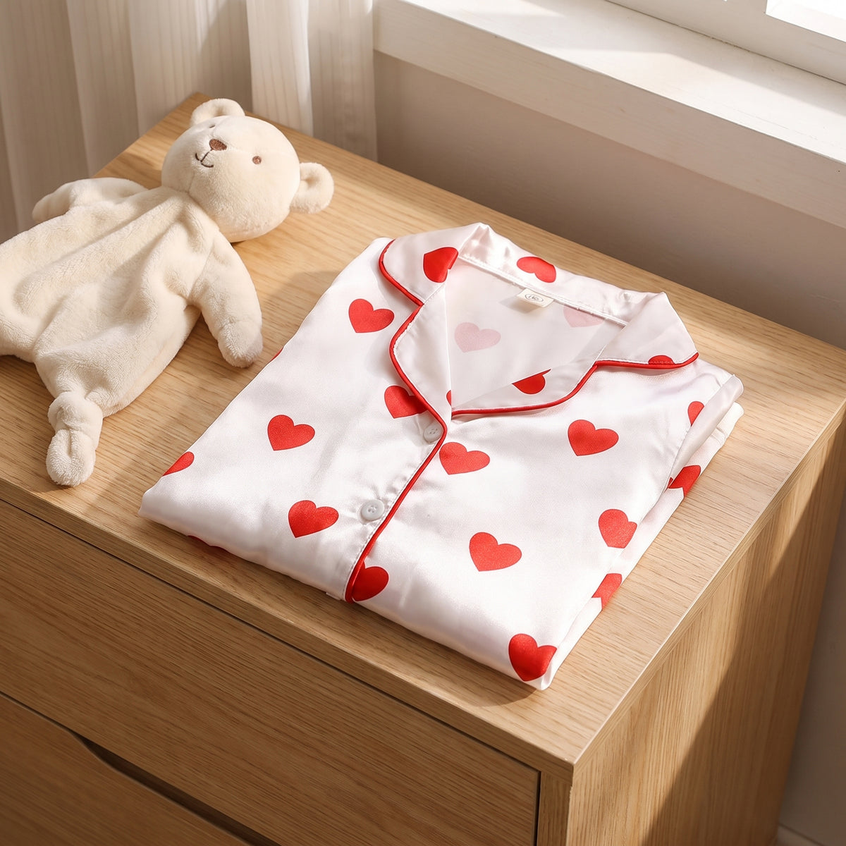 Pyjama bebe plie dans un panier en osier avec un doudou Image