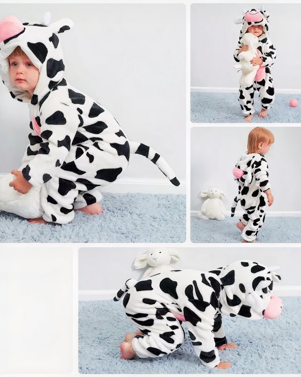 Vues fournisseur du pyjama bébé vache porté de face, de dos et à quatre pattes