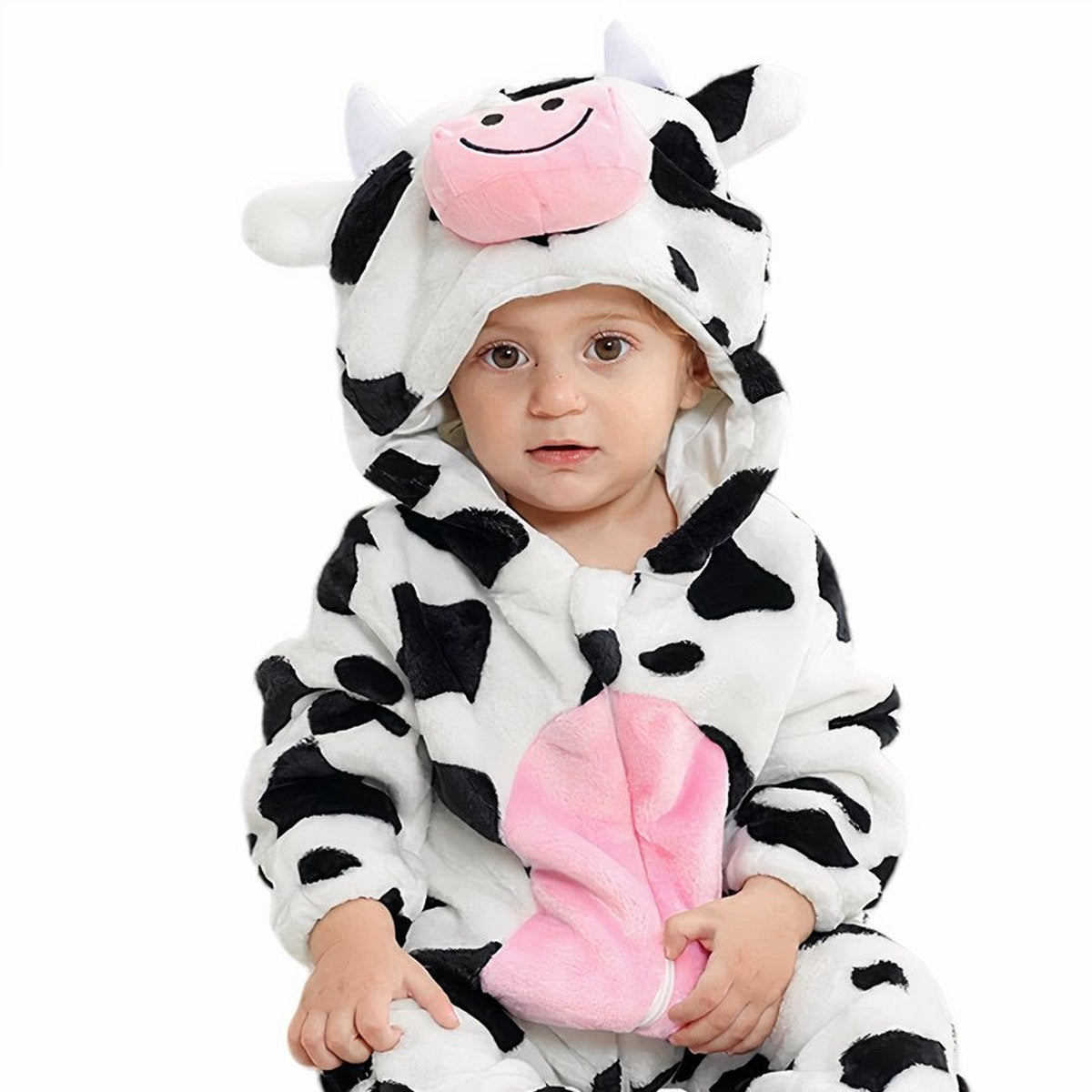 Bébé assis portant le pyjama vache, capuche relevée et visage visible