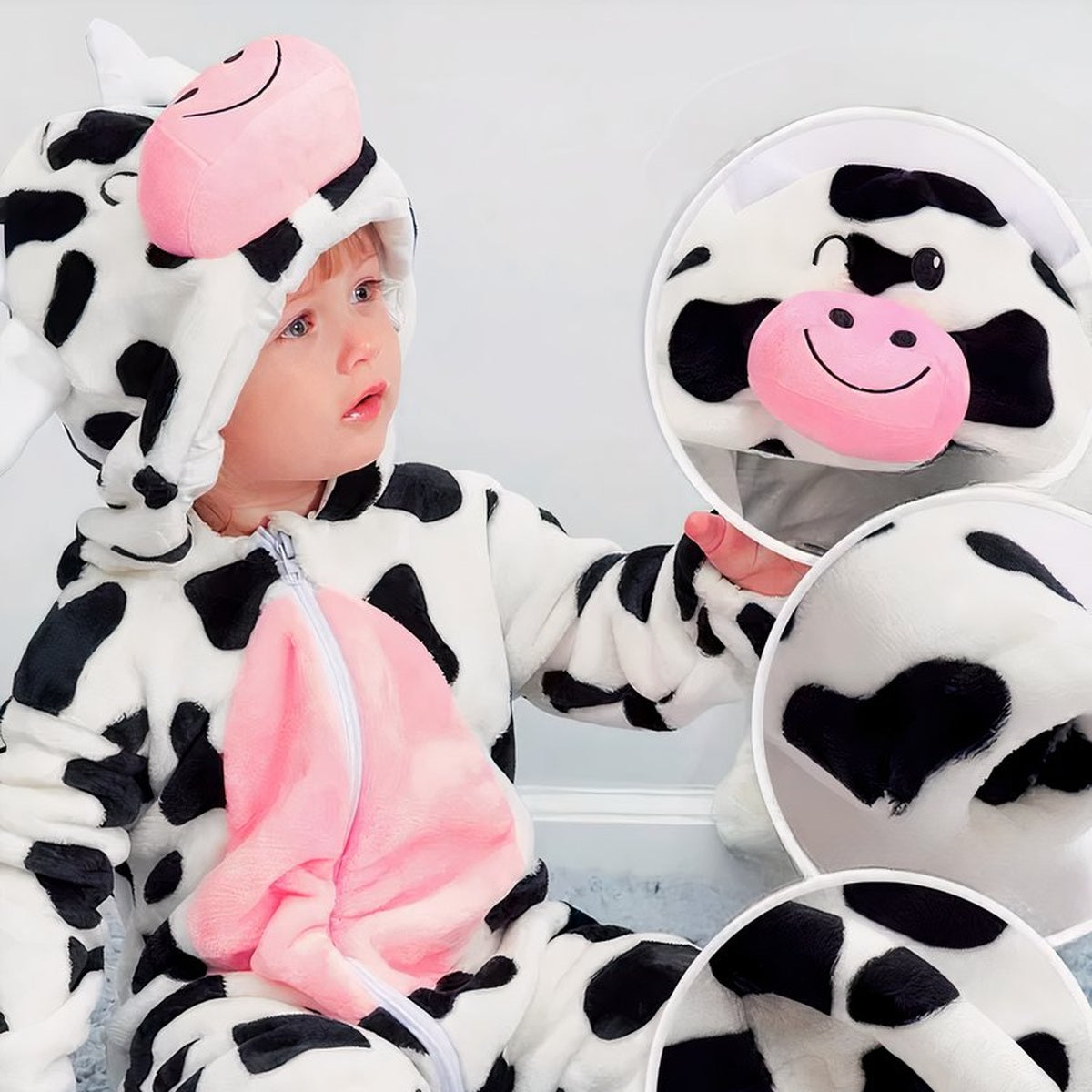 Matière pelucheuse du pyjama vache portée par un bébé assis, capuche et ventre rose vus de près