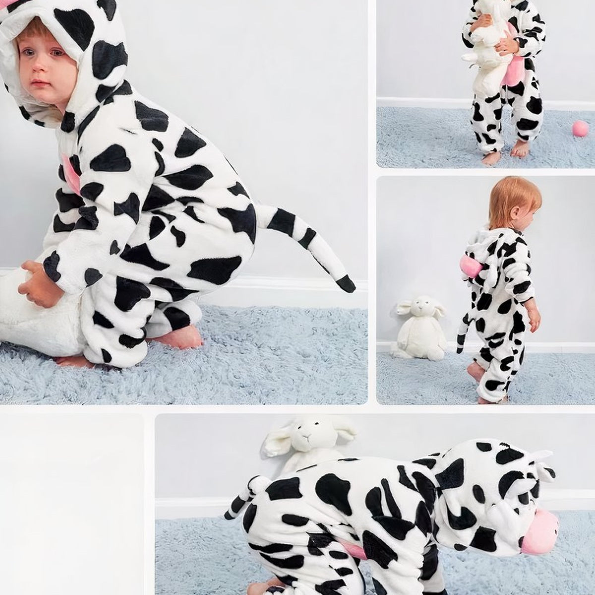 Pyjama bébé vache porté pendant les jeux, avec queue visible au dos