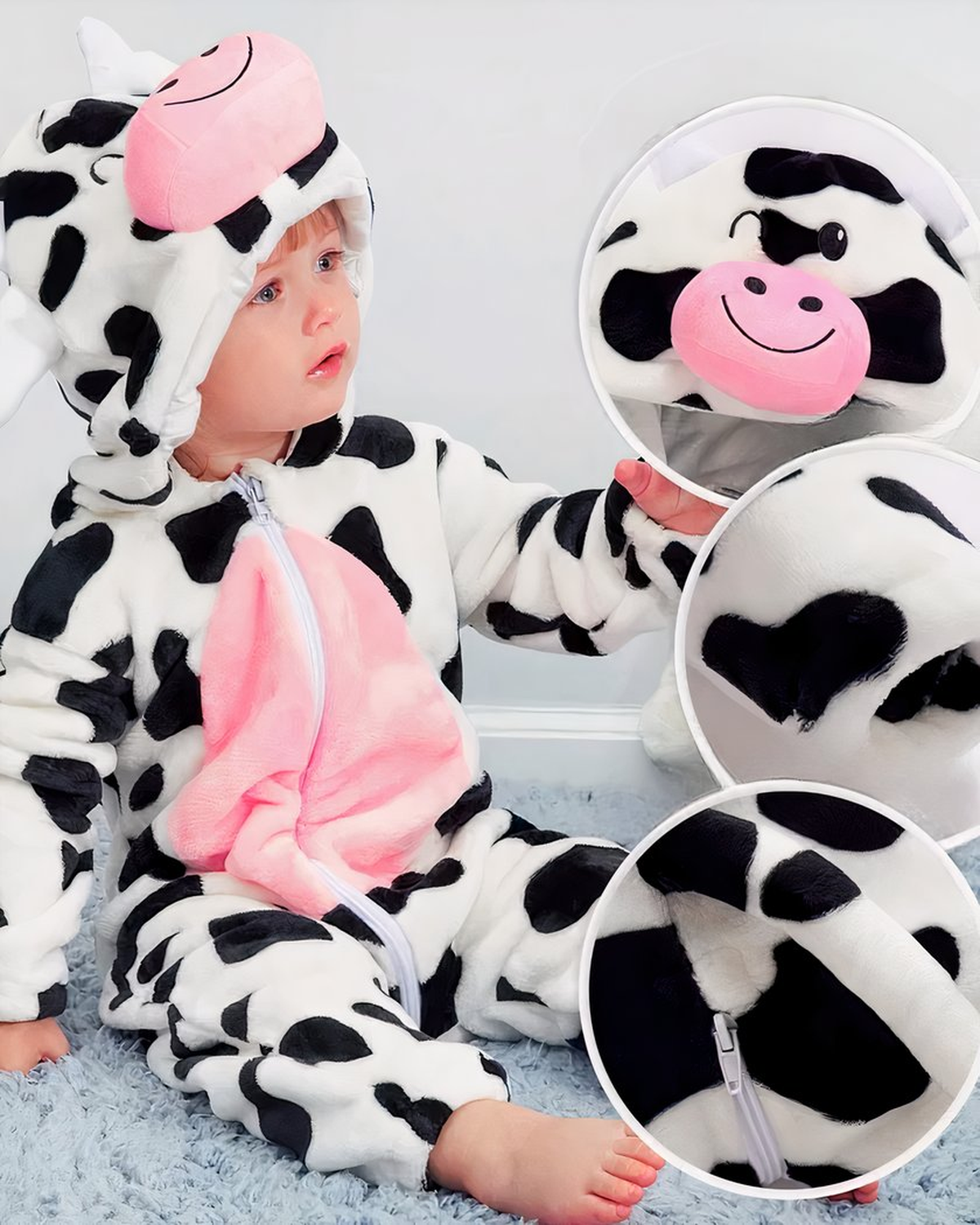 Détails fournisseur du pyjama bébé vache, capuche, ventre rose et fermeture éclair