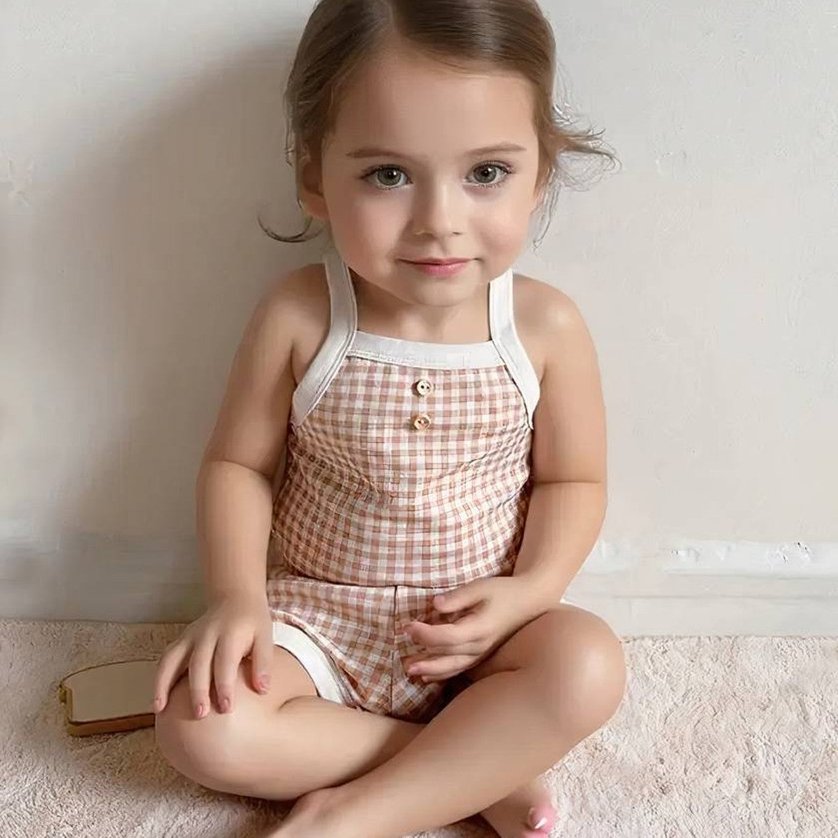 Soir d’été tendre avec le pyjama bébé rose à carreaux porté