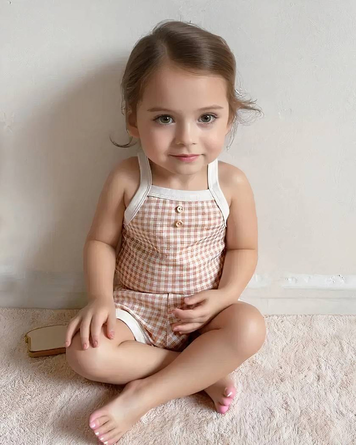 Bébé souriant assis portant le pyjama d’été rose à carreaux, débardeur et short