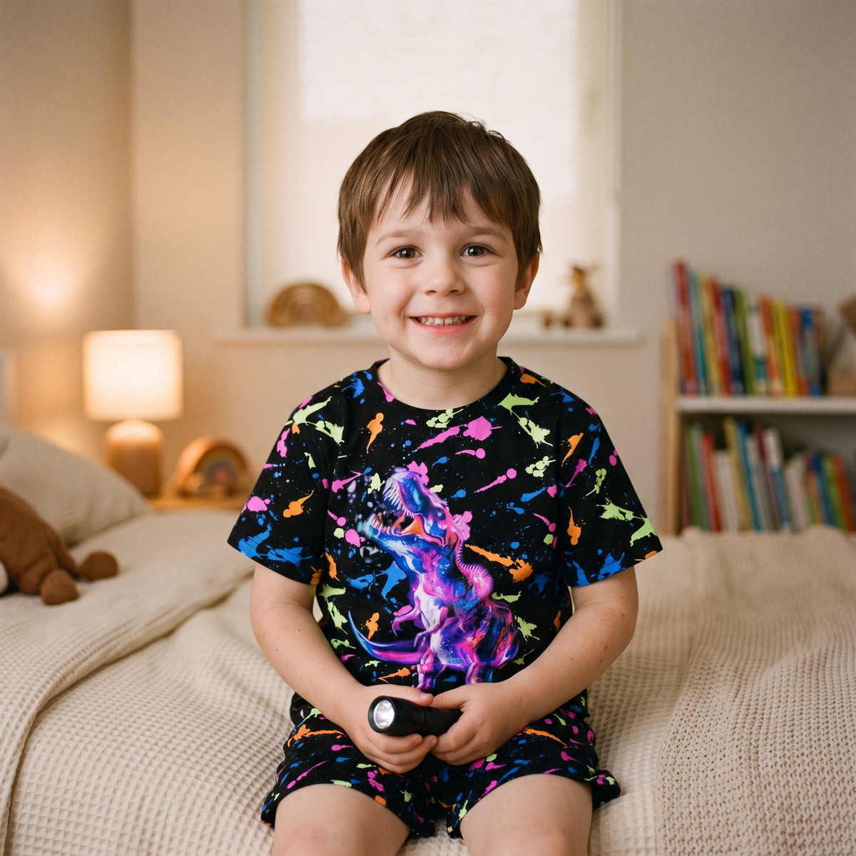 Garçon en pyjama dinosaures avec sa lampe torche au moment du coucher