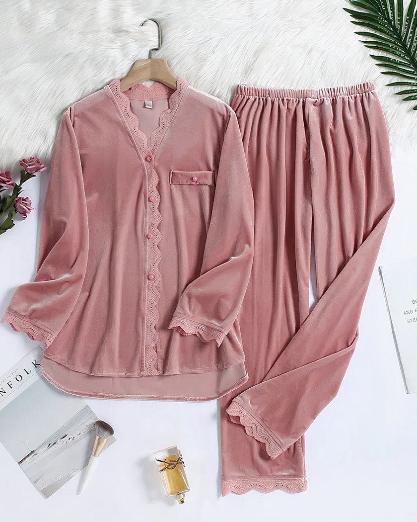 Pyjama Femme Hiver Deux Pièces avec Effet Velours coloris Rose